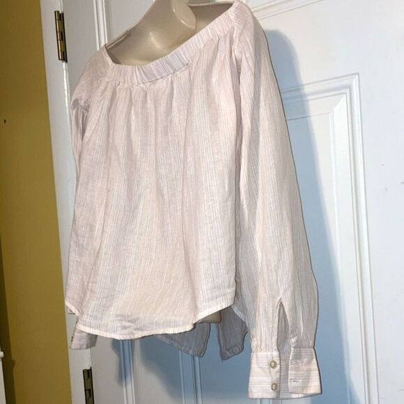 FREE PEOPLE Linen Blend Hello There Off The Shoulder  Pink White Mini Stripes XS - Picture 8 of 12